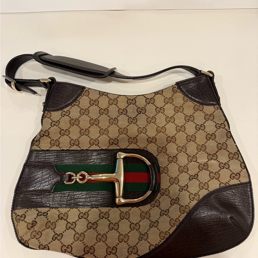 Gucci Tan and Brown Shoulder Bag with Green Accents